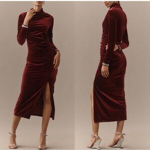 Anthropologie The Maya Rouched Cowl Neck Velvet Evening Dress Size Medium Red